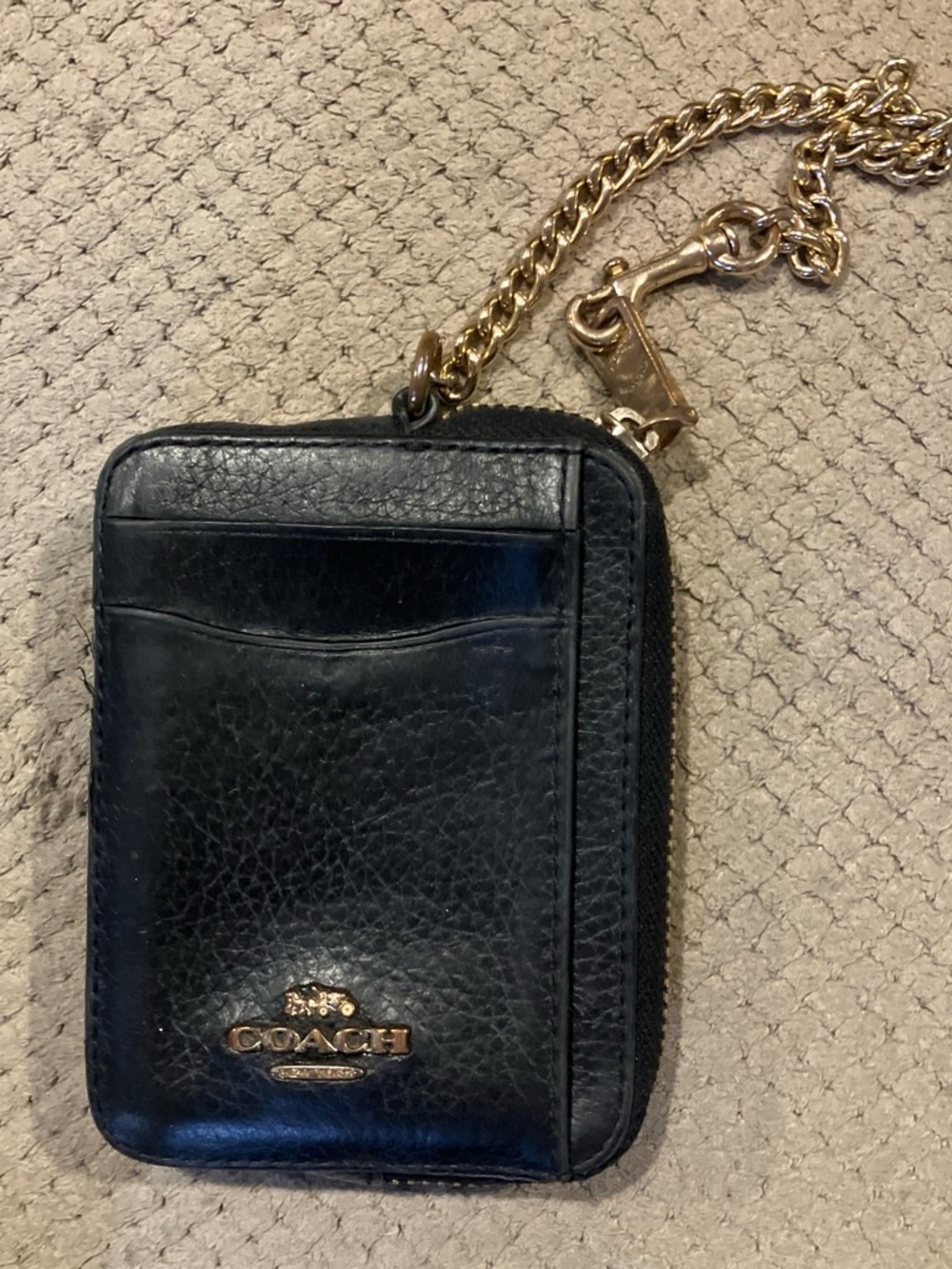 Coach Black Pebbled Leather Card Case with Gold Chain